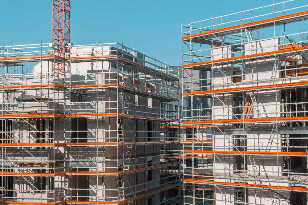 multi-story building with scaffolding during structural construction and retrofit planning in Los Angeles