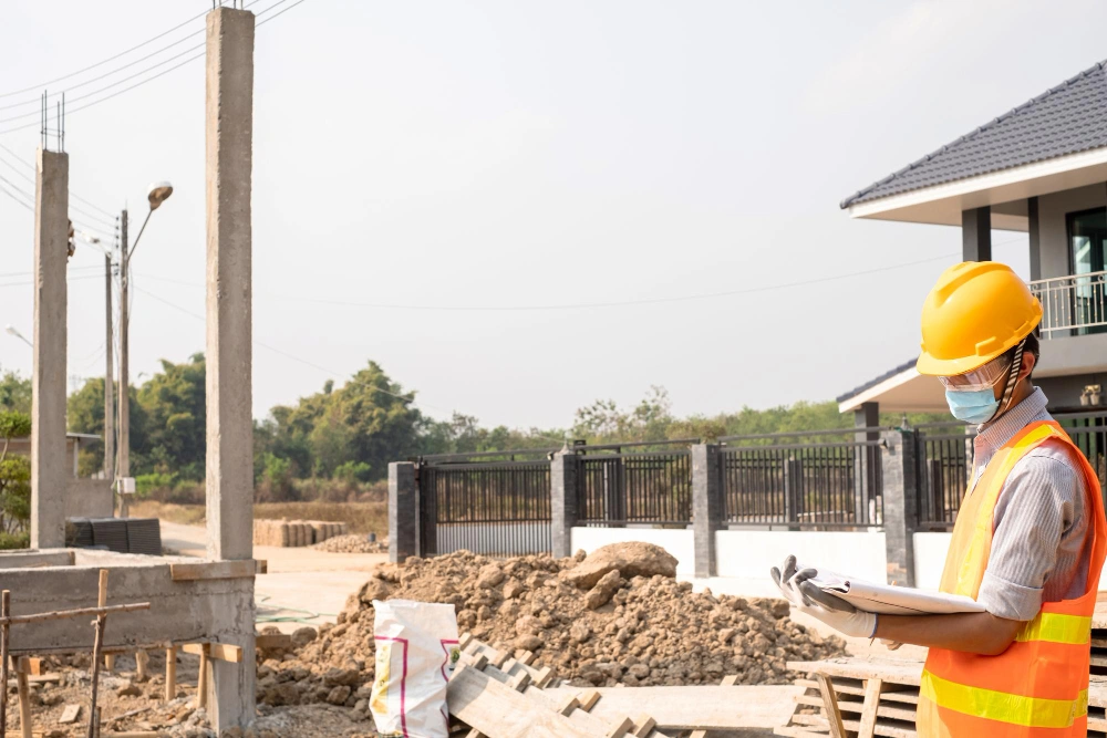 inspector reviewing foundation notes and soil conditions during site inspection
