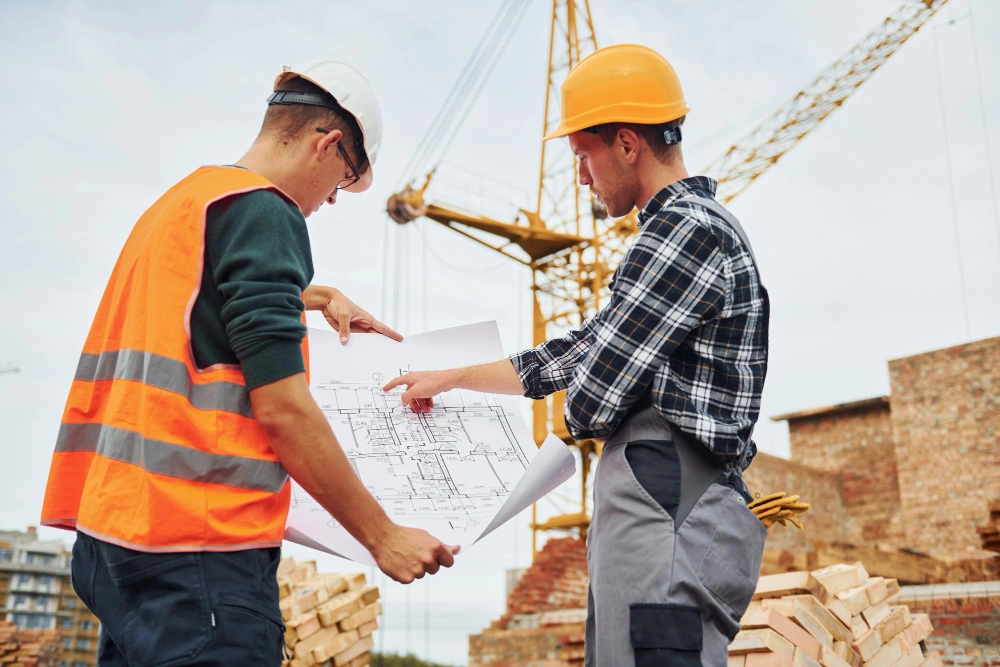 team conducting structural site inspection and reviewing building plans on site